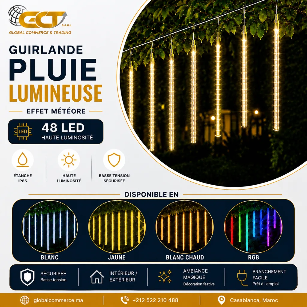 Guirlande Pluie Lumineuse LED 50cm – Effet Météore – 48 LED – Étanche IP65