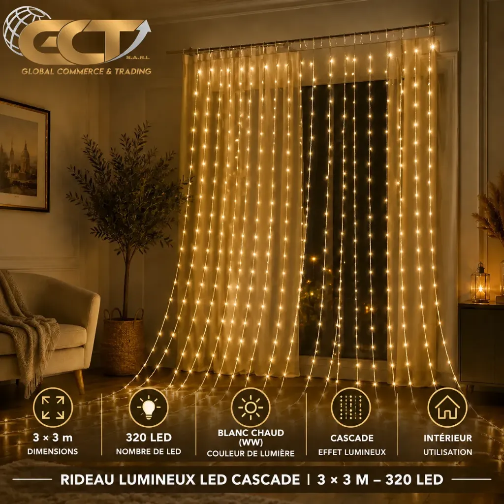 Guirlande Lumineuse Cascade 3 × 3 m – 320 LED – F5 Blanc Chaud