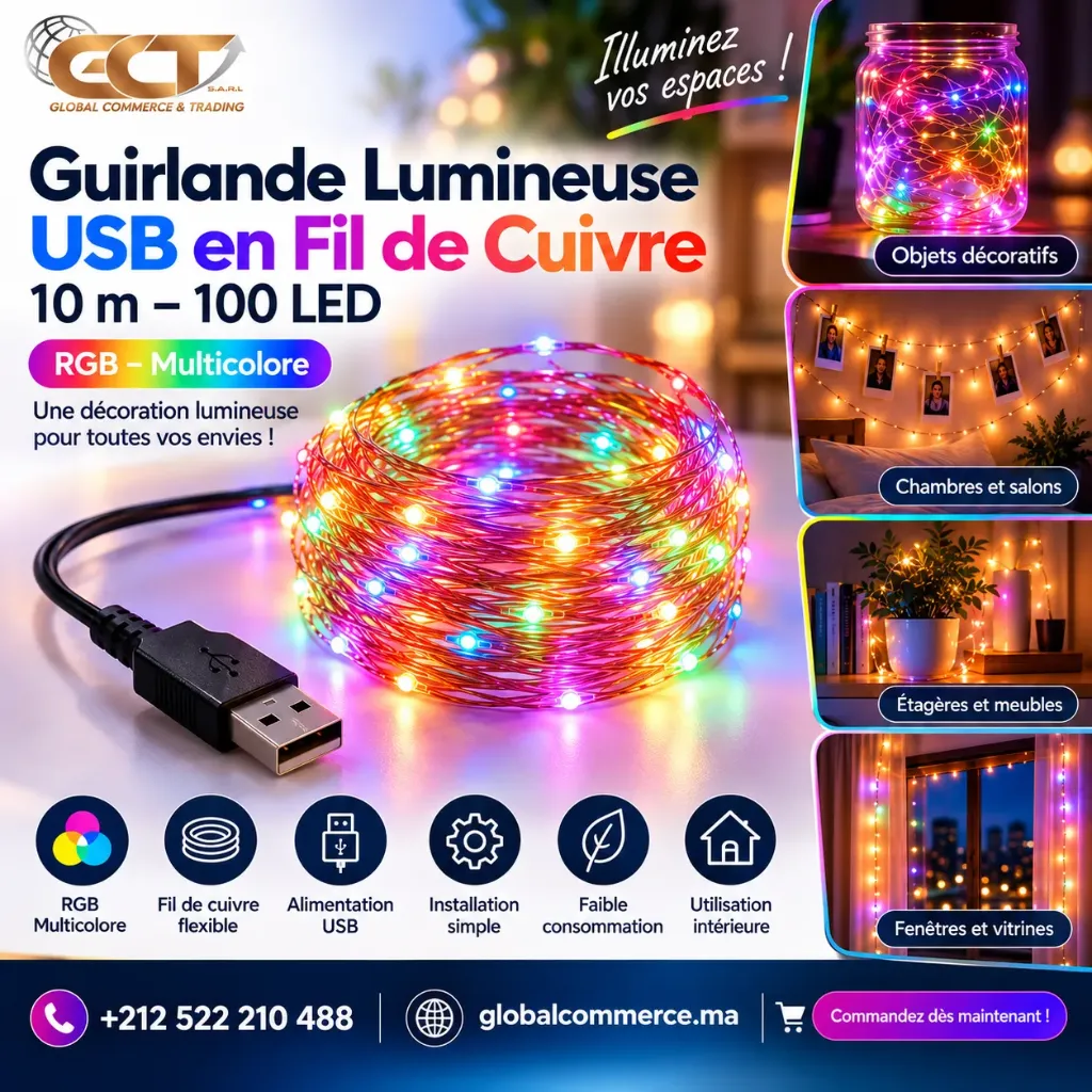 Guirlande Lumineuse USB en Fil de Cuivre – RGB – 10 m – 100 LED – FH-Copper-10M100LED-0603