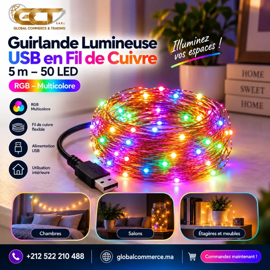 Guirlande Lumineuse LED USB RGB – Fil de Cuivre – 5 m – 50 LED