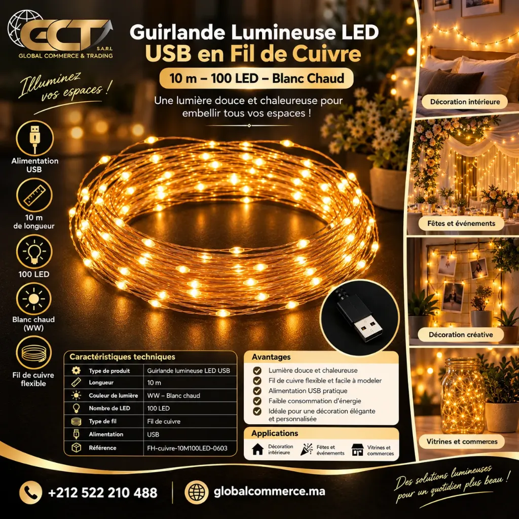 [FH-copper-10M100LED-0603] Guirlande Lumineuse LED USB Blanc Chaud – Fil de Cuivre 10 m – 100 LED