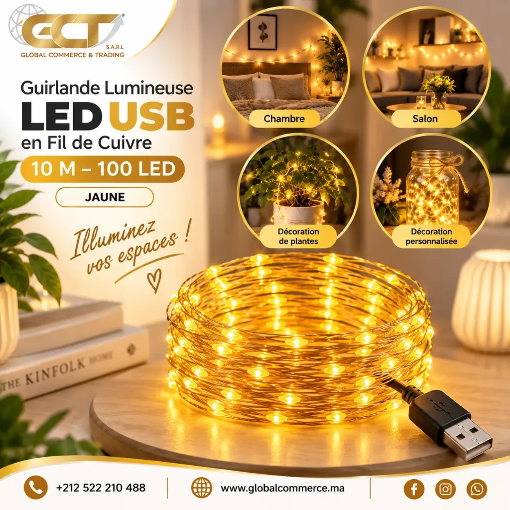 Guirlande lumineuse USB à fil de cuivre : 10 m (Jaune) – FH-copper-10M100LED-0603
