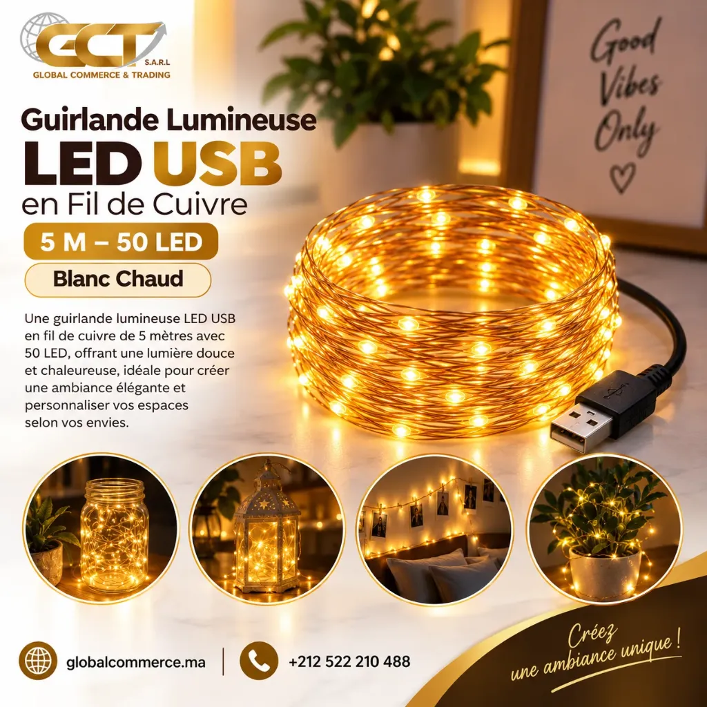 Guirlande Lumineuse USB en Fil de Cuivre 5 m (Blanc Chaud) – 50 LED – FH-copper-5M50LED-0603