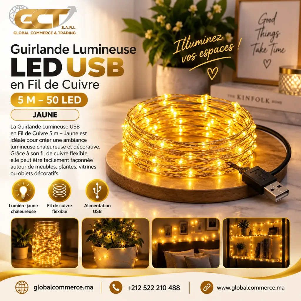 Guirlande Lumineuse USB en Fil de Cuivre 5 m – Jaune -FH-copper-5M50LED-0603