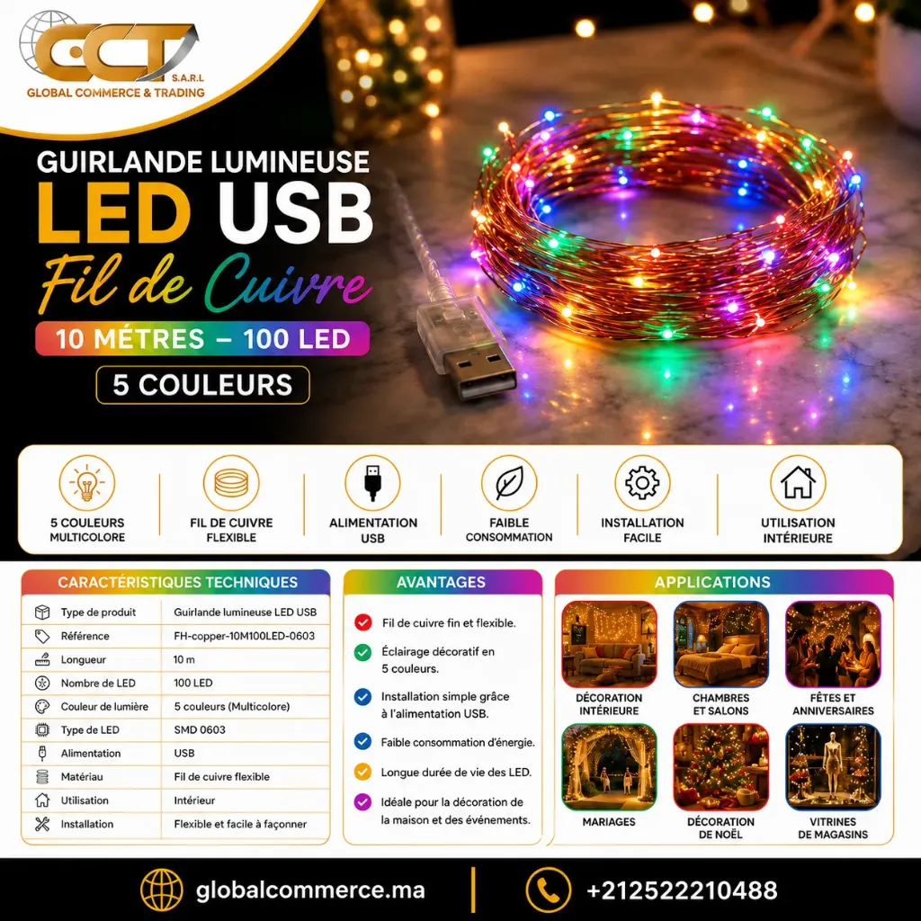 Guirlande Lumineuse LED USB en Fil de Cuivre – 10m 100 LED – 5 Couleurs-FH-copper-10M100LED-0603