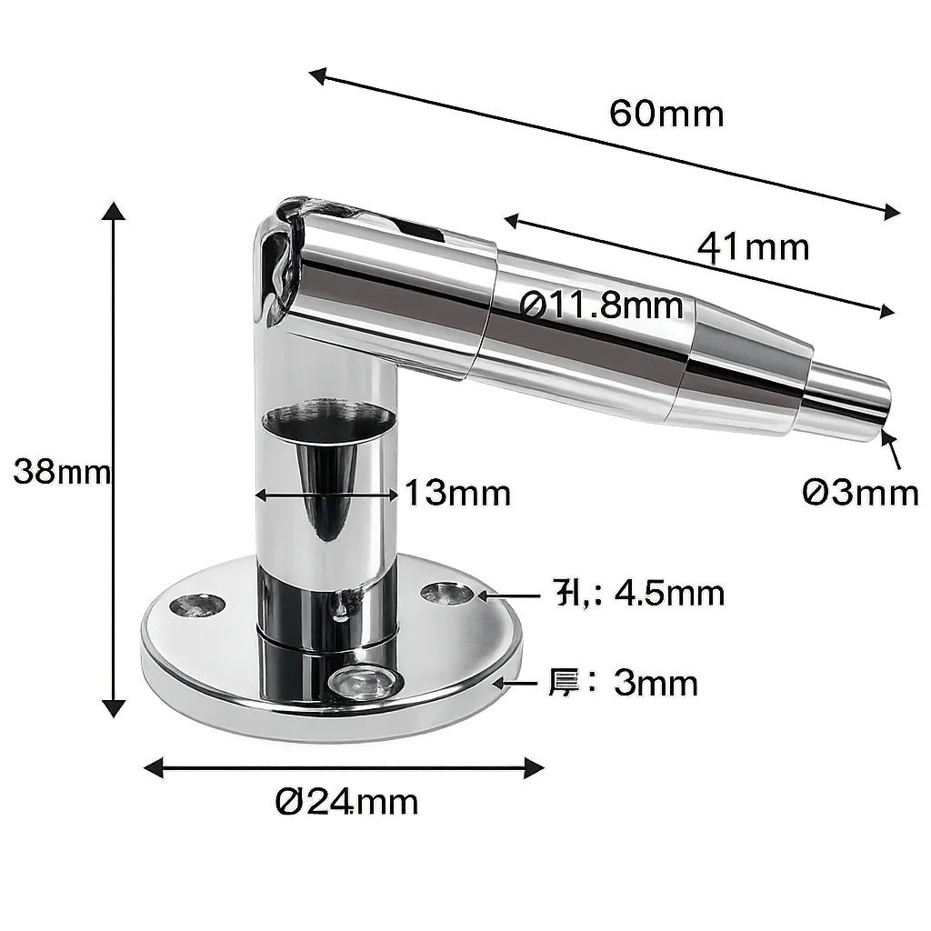 Support de fixation orientable L38mm pour Néon Flex 360° Ø12 mm – Laiton + Acier inoxydable – Chromé